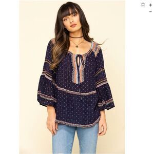 Free People Women's Talia Intricately Embroidered Boho Bell Sleeve Top Large